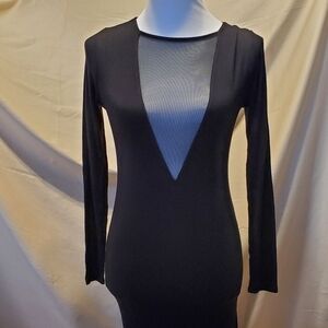 Mystylemode Black V-Neck Mesh Bodycon Midi Dress SZ Medium